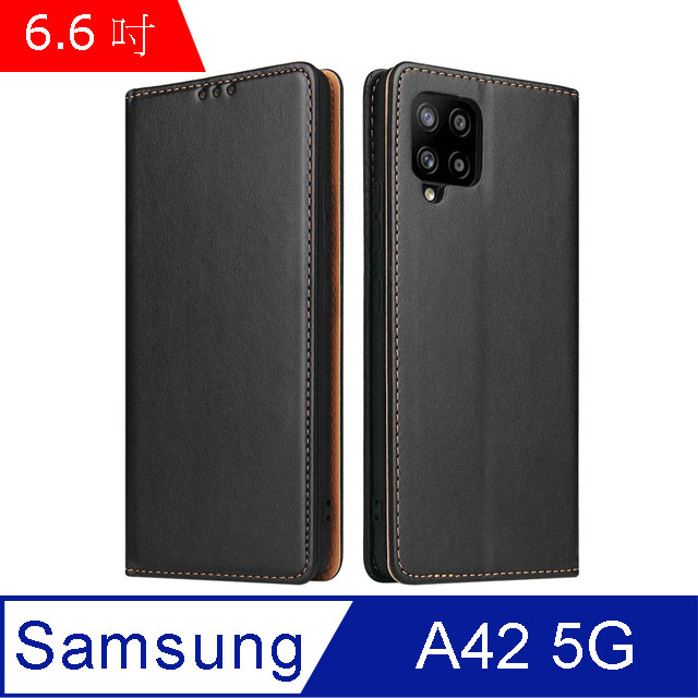 Fierre Shann 真皮紋 Samsung A42 5G (6.6吋) 錢包支架款 磁吸側掀 手工PU皮套保護殼-黑色