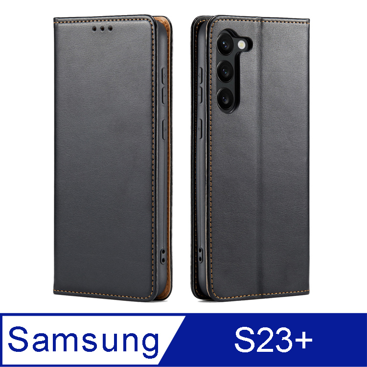 Fierre Shann 真皮紋 Samsung S23+ (6.6吋) 磁吸側掀 手工PU皮套保護殼-黑色