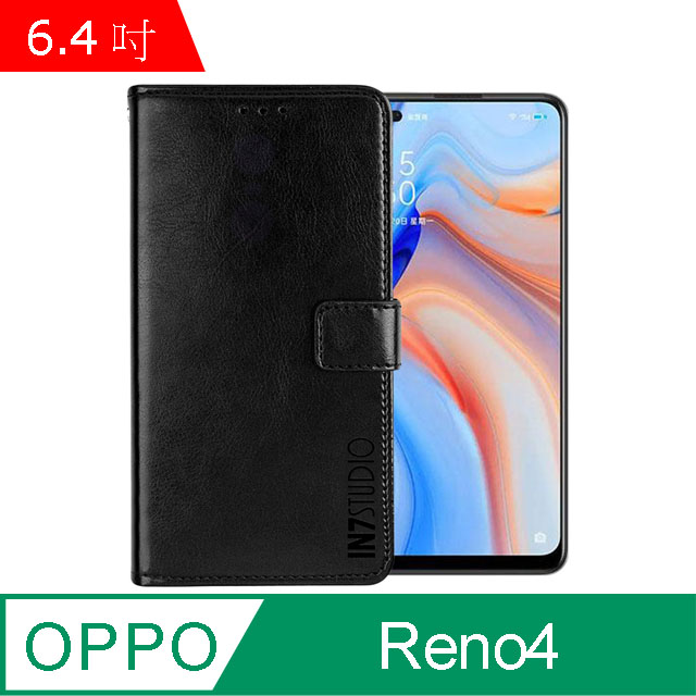 IN7 瘋馬紋 OPPO Reno4 (6.4 吋) 錢包式 磁扣側掀PU皮套 吊飾孔 手機皮套保護殼-黑色
