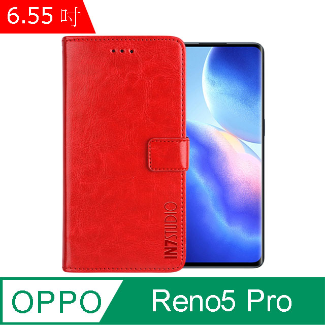 IN7 瘋馬紋 OPPO Reno5 Pro 5G (6.55吋) 錢包式 磁扣側掀PU皮套 吊飾孔 手機皮套保護殼-紅色