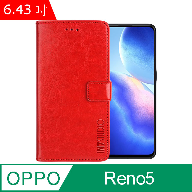 IN7 瘋馬紋 OPPO Reno5 5G (6.43吋) 錢包式 磁扣側掀PU皮套 吊飾孔 手機皮套保護殼-紅色
