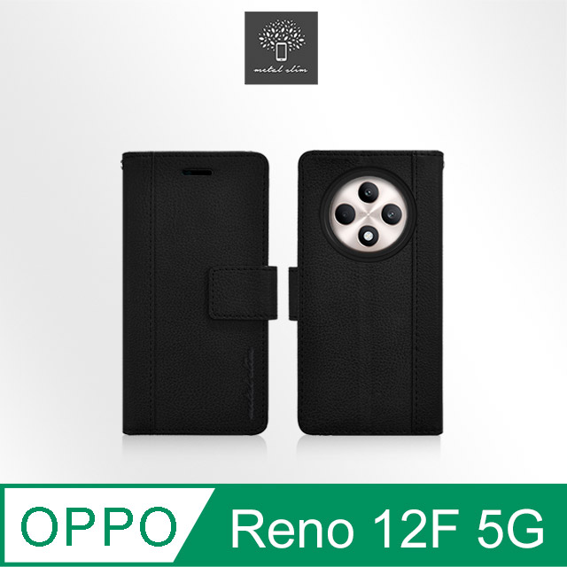 Metal-Slim OPPO Reno 12F 5G 高仿小牛皮皮質拼接磁扣TPU皮套