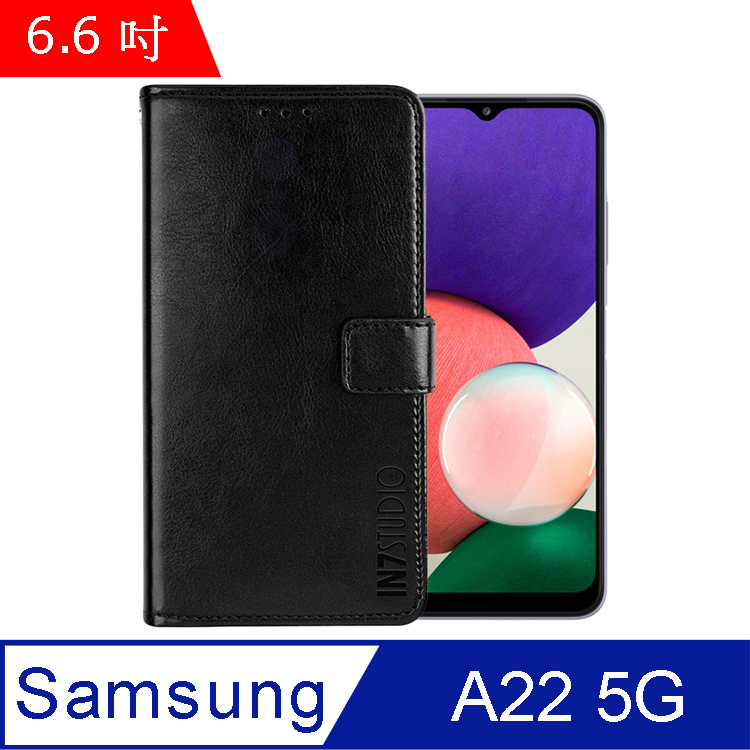 IN7 瘋馬紋 Samsung A22 5G (6.6吋) 錢包式 磁扣側掀PU皮套 吊飾孔 手機皮套保護殼-黑色