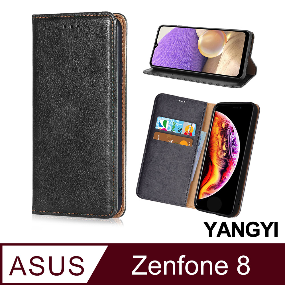 【YANGYI揚邑】ASUS ZenFone 8 ZS590KS 磁吸側翻書本可立式插卡皮套真皮紋抗摔手機殼