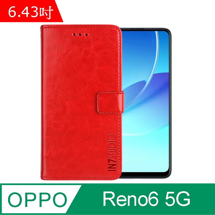 IN7 瘋馬紋 OPPO Reno6 5G (6.43吋) 錢包式 磁扣側掀PU皮套 吊飾孔 手機皮套保護殼-紅色