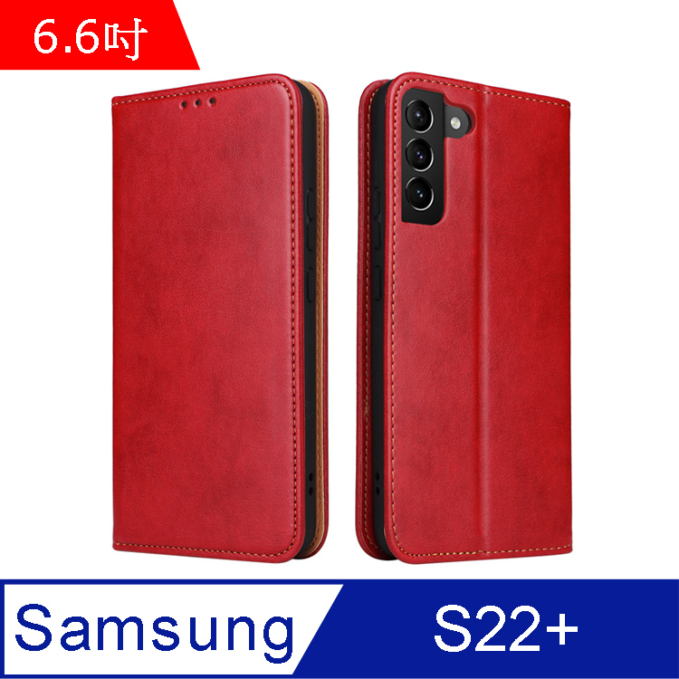 Fierre Shann 真皮紋 Samsung S22+ (6.6吋) 磁吸側掀 手工PU皮套保護殼-紅色