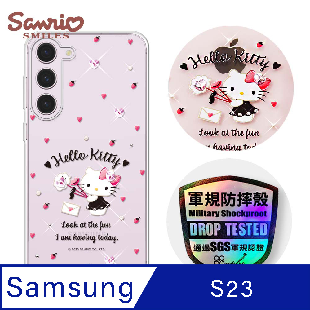 三麗鷗 Samsung Galaxy S23 輕薄軍規防摔水晶彩鑽手機殼-情書凱蒂