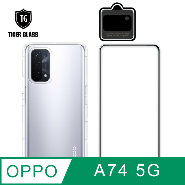 T.G OPPO A74 5G 手機保護超值3件組(透明空壓殼+鋼化膜+鏡頭貼)