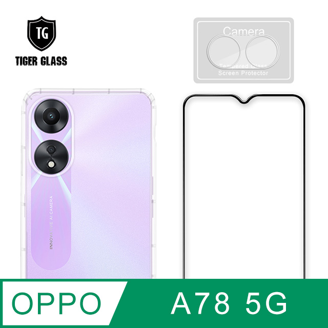 T.G OPPO A78 5G 手機保護超值3件組(透明空壓殼+鋼化膜+鏡頭貼)