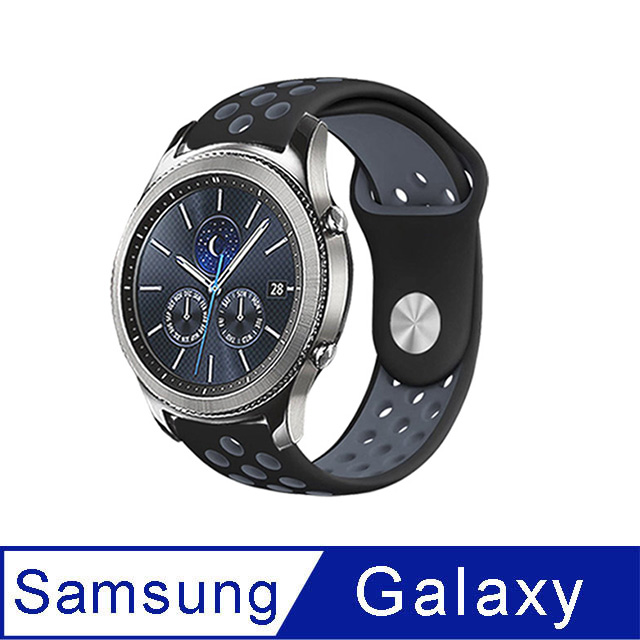 SAMSUNG三星 Galaxy Watch 40/42/44mm 運動風撞色洞洞矽膠替換錶帶-經典黑灰