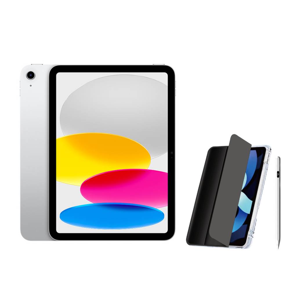 Apple 第十代 iPad 10.9吋 64G WiFi 銀色+電量顯示磁力吸附觸控筆+三折休眠防摔殼+高透光滿版保護貼