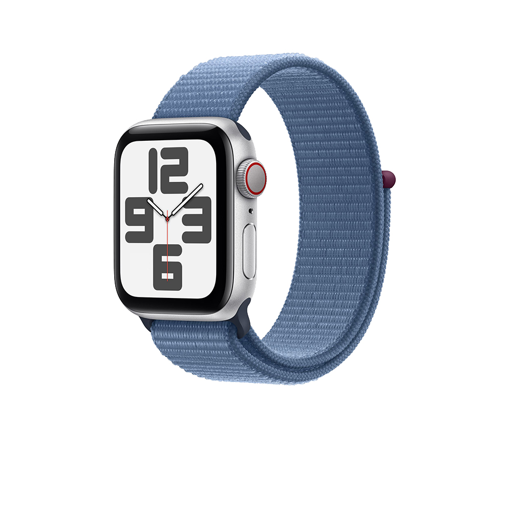 Apple Watch SE 44mm (GPS+Cellular)銀色鋁金屬錶殼；冬藍色運動型錶環
