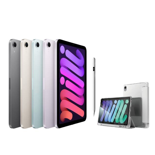 Apple 蘋果 第七代 iPad mini 8.3 吋 128G WiFi+磁力吸附觸控筆+高透光滿版保護貼+三折休眠防摔殼超值組