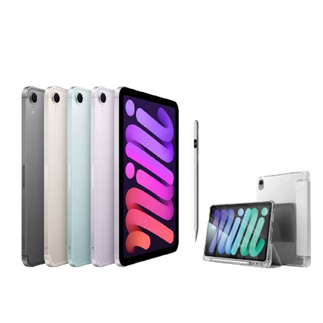 Apple 蘋果 第七代 iPad mini 8.3 吋 128G LTE+磁力吸附觸控筆+高透光滿版保護貼+三折休眠防摔殼超值組
