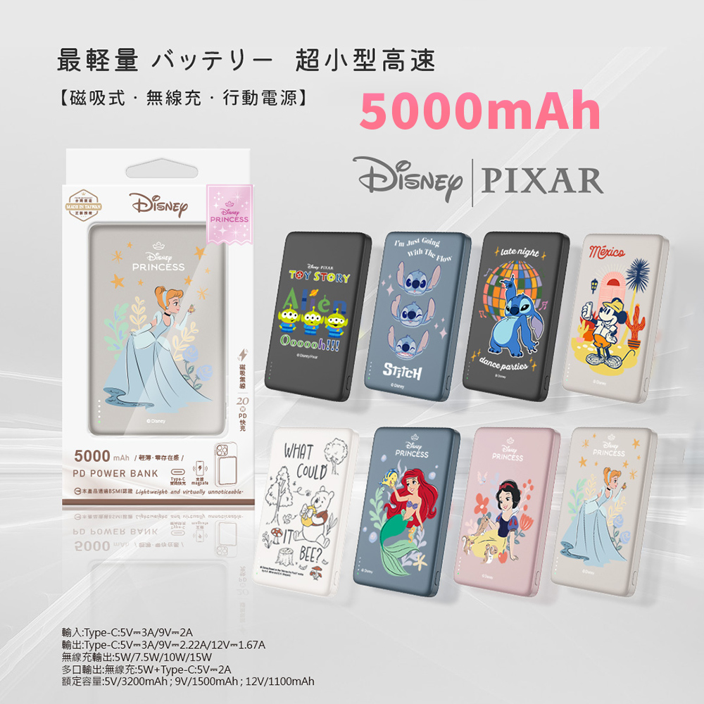【Disney迪士尼】經典角色系列 20W PD超薄磁吸無線快充行動電源5000mAh