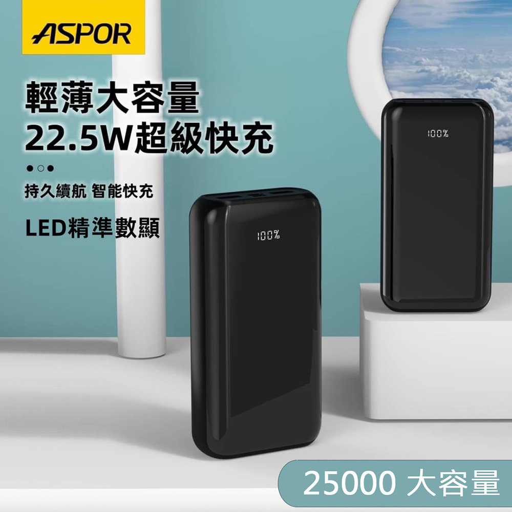 ASPOR 大容量22.5W超級快充/LED數位顯示/全協議行動電源(二輸入三輸出)