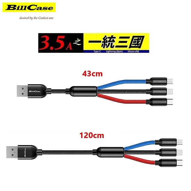 3.5A 18W三合一Lightning,TYPE-C,Micro-USB極速充電線43+120公分(2入組)