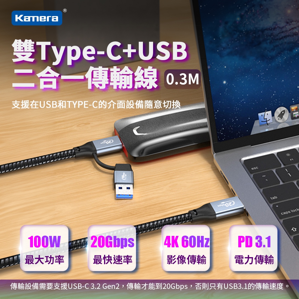 Kamera USB3.2 100W PD3.1 USB-A/USB-C to C 30cm 二合一快速充電編織傳輸線