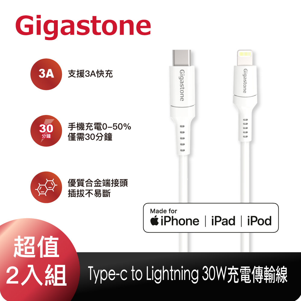 (兩入組)Gigastone Type-C to Lightning MFi認證 充電傳輸線 CL-7600W