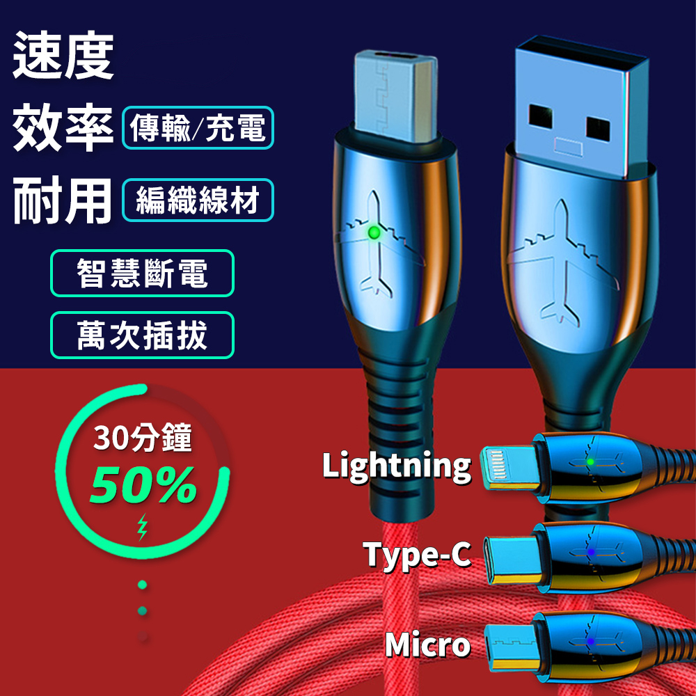 智慧發光充電線 紅色 2米 Micro USB 傳輸線