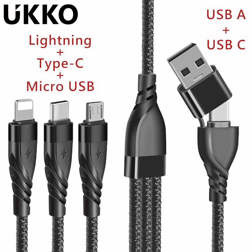 (2入組) UKKO 通用型 USB 3A Lightning/Type-C/Micro 快速充電編織線 1.2m - 黑
