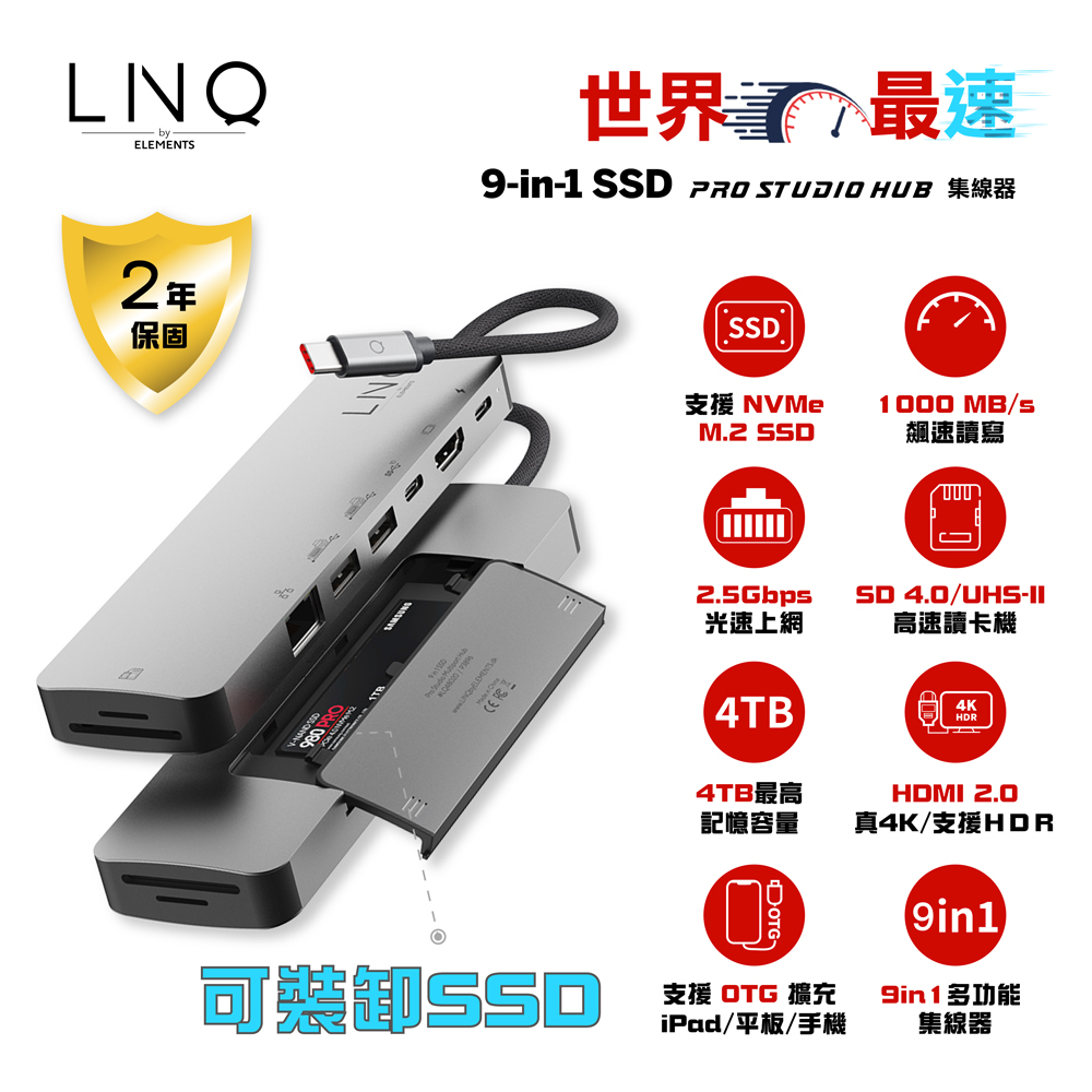 LINQ 9-in-1集線器HUB for SSD外接盒+PD100W快充+極速2.5Gbps網路孔+USB 3.2 Gen2+SD2.0高速讀卡