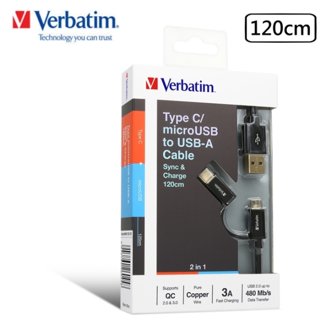 Verbatim 威寶 2合1 Type-C及micro USB 120cm 3A 尼龍編織 充電傳輸線