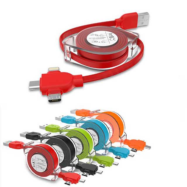 三合一線 Lightning+Micro USB+Type-C 三合一充電線 透明外殼 最長120CM 紅色