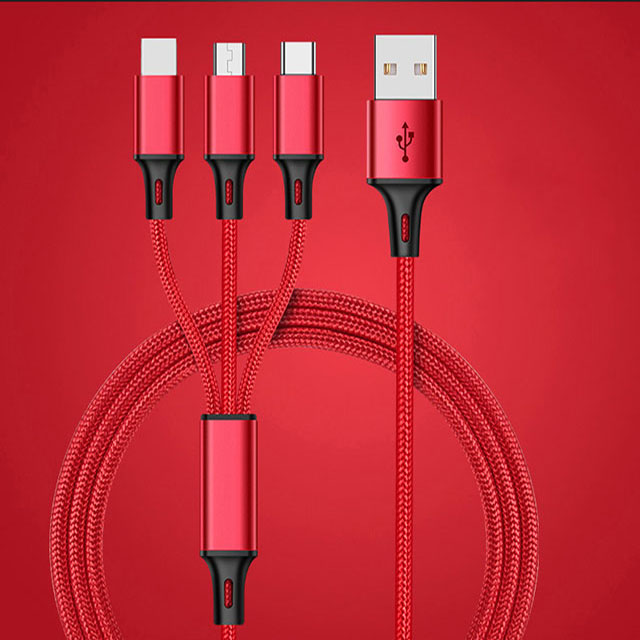 Lightning Micro-USB Type-c三合一多功能1.2米尼龍編織傳輸線 紅色