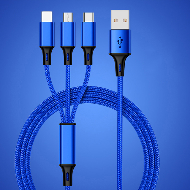 Lightning Micro-USB Type-c三合一多功能1.2米尼龍編織傳輸線 藍色