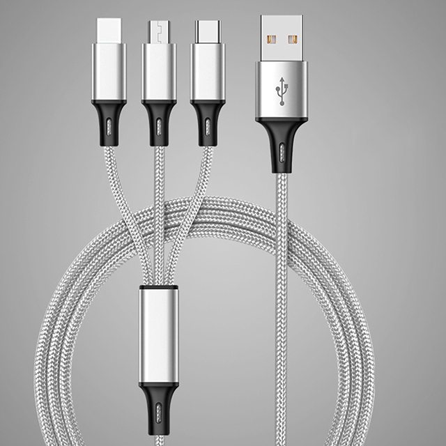 Lightning Micro-USB Type-c三合一多功能1.2米尼龍編織傳輸線 銀色