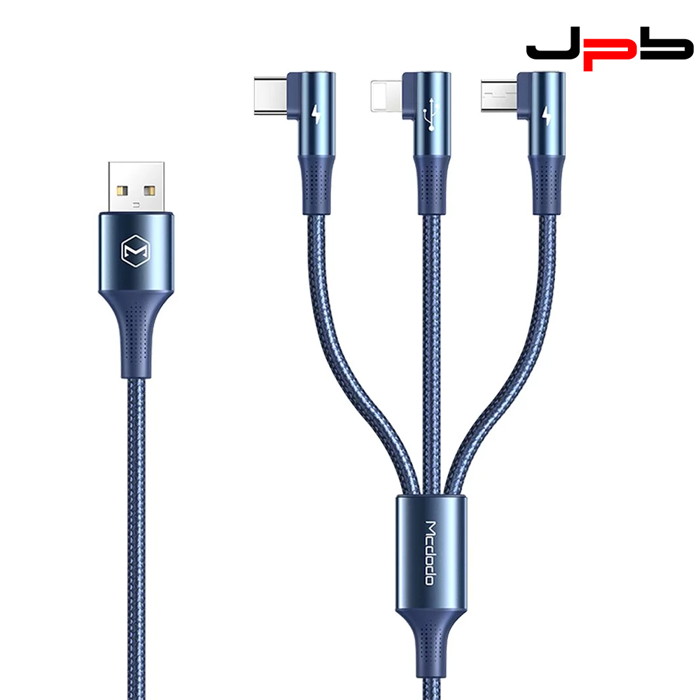 [ JPB Mcdodo 一分三 彎頭 充電線 USB to Lightning / Type-C / MicroUSB 1.2m- 藍色