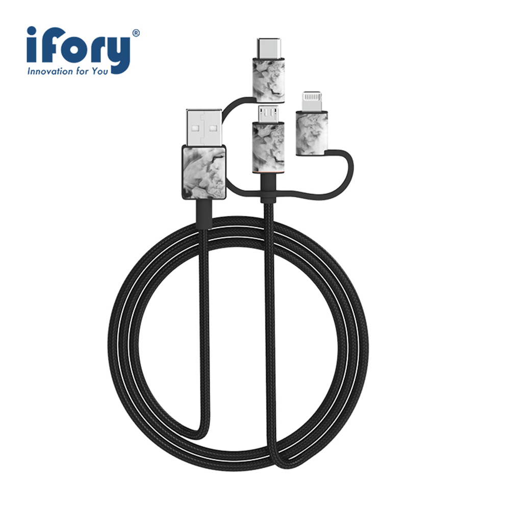 【iFory】 三合一雙層編織充電傳輸線-0.9M(曜石黑)