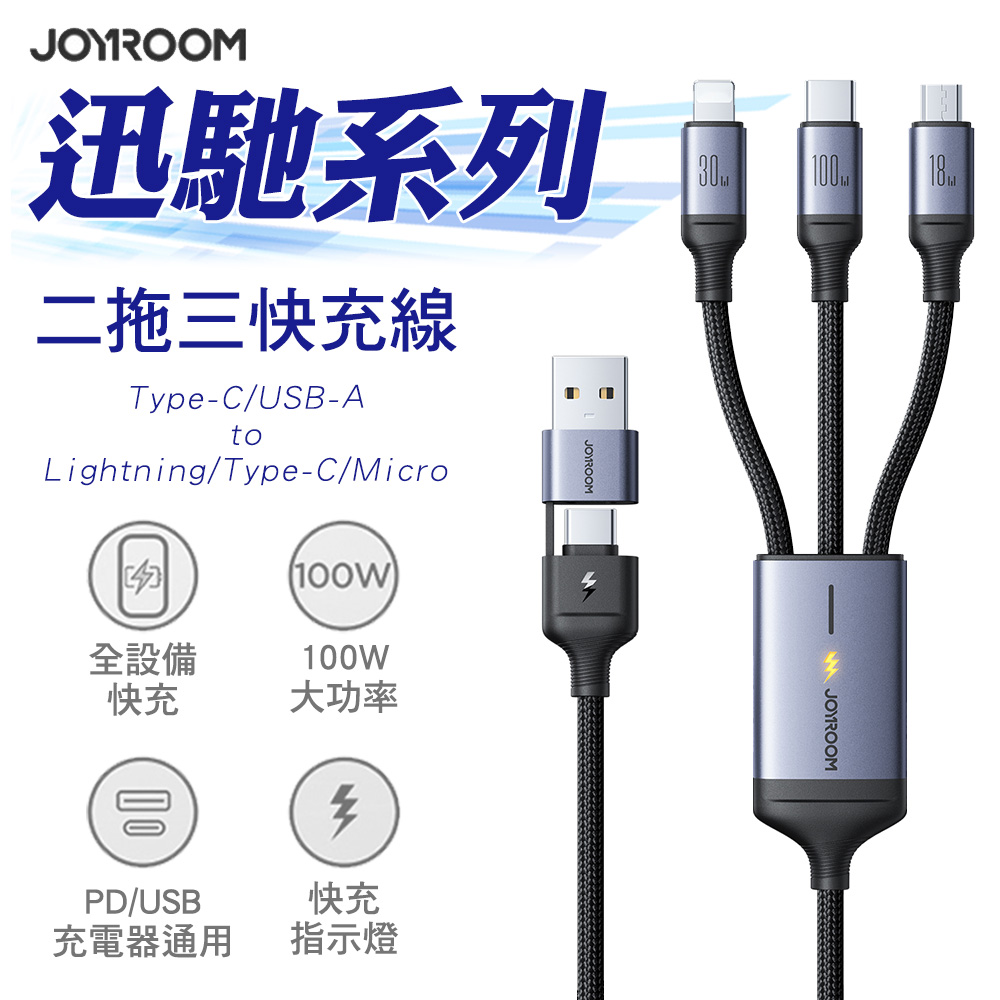 JOYROOM 迅馳系列 100W 二拖三快充線 USB-A+Type-C to Lightning+Type-C+Micro-USB 1.5m-黑色