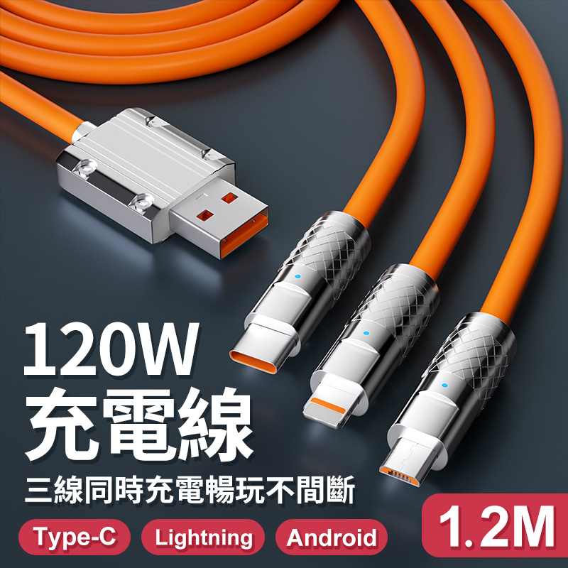 GIX 120w 鋁合金三合一充電線 type c / Lightning / 安卓Micro 1.2m 3in1快充傳輸線