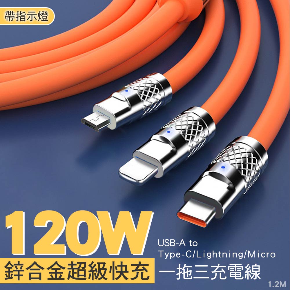 【SHOWHAN】120W鋅合金 一拖三USB-A to Lightning/Type-C/Micro快充充電線 帶指示燈 1.2M-多彩橙