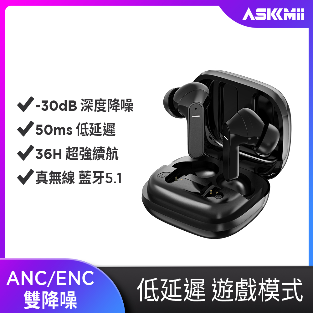 【ASKMii 艾司迷】GB-2 Pro ANC主動降噪真無線藍牙耳機-黑
