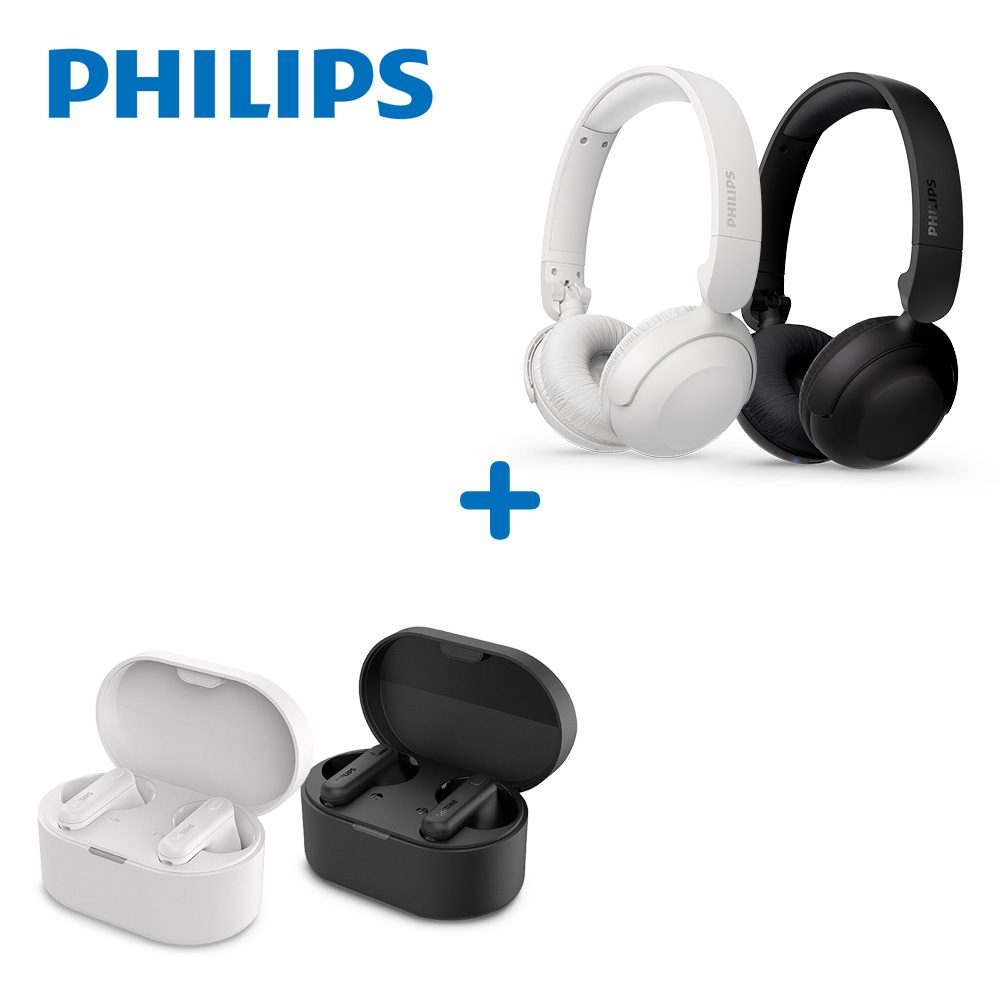 PHILIPS 飛利浦 超值耳機組 - TAT1108人體工學舒適型真無線藍牙耳機+TAH2209 AI通話降噪25H超續航藍牙頭戴耳機