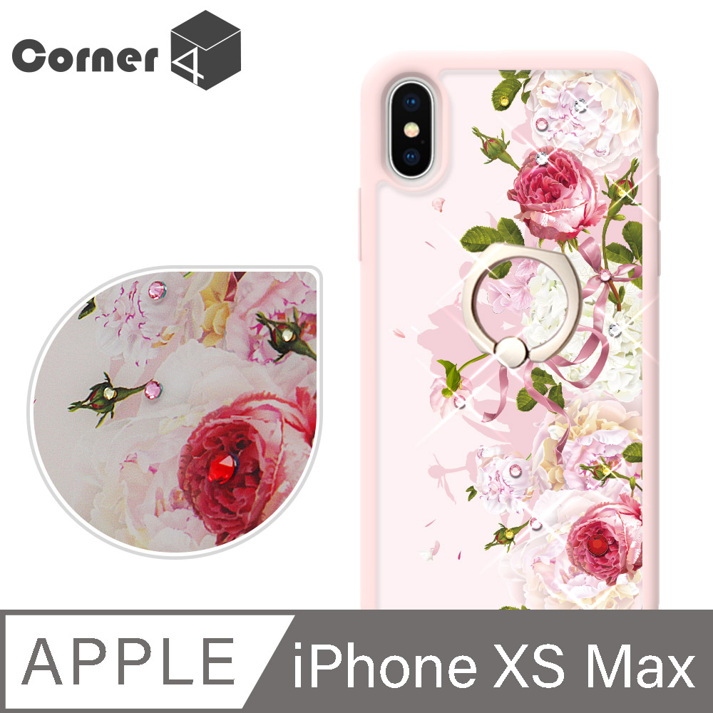 Corner4 iPhone XS Max 6.5吋奧地利彩鑽雙料指環手機殼-愛戀薔薇