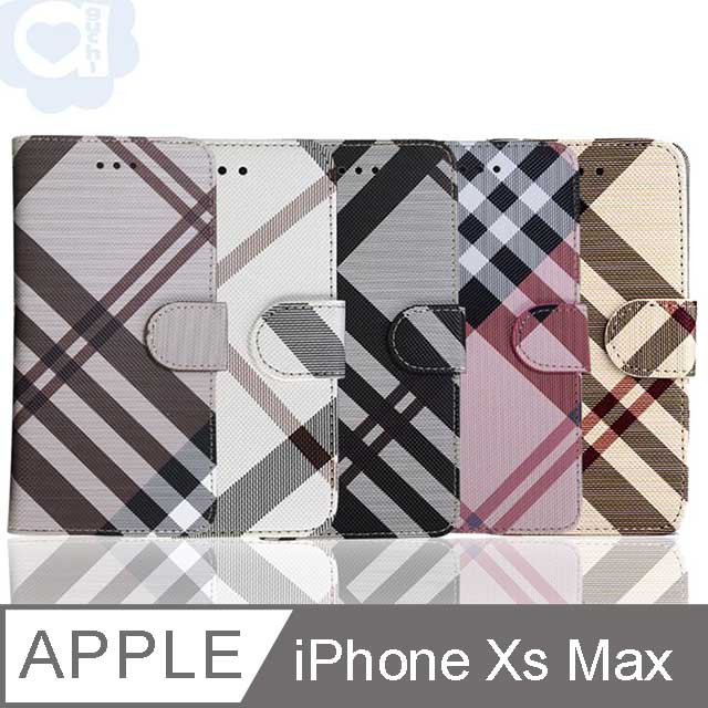 Apple iPhone Xs Max 經典英倫格紋手機皮套 側掀磁扣支架式皮套 矽膠軟殼 5色可選