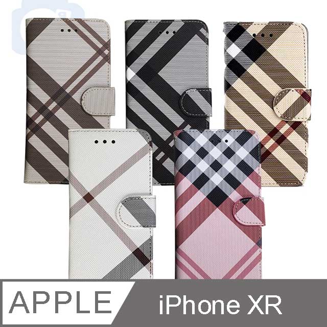 Apple iPhone XR 6.1吋 英倫格紋氣質手機皮套 側掀磁扣支架式皮套 矽膠軟殼 5色可選