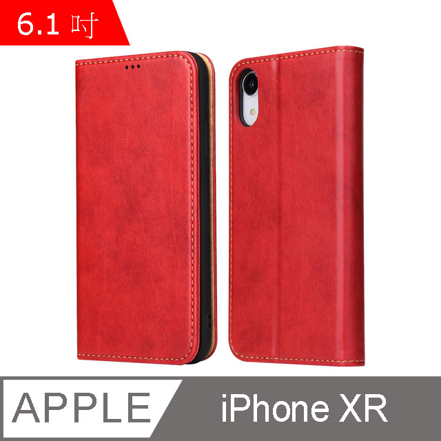 Fierre Shann 真皮紋 iPhone XR (6.1吋) 錢包支架款 磁吸側掀 手工PU皮套保護殼