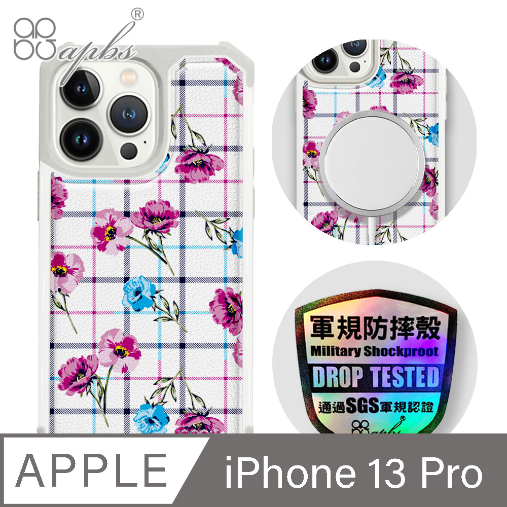 apbs iPhone 13 Pro 6.1吋軍規防摔皮革磁吸手機殼-經典牛紋-格紋-玫瑰(上光版)-白殼