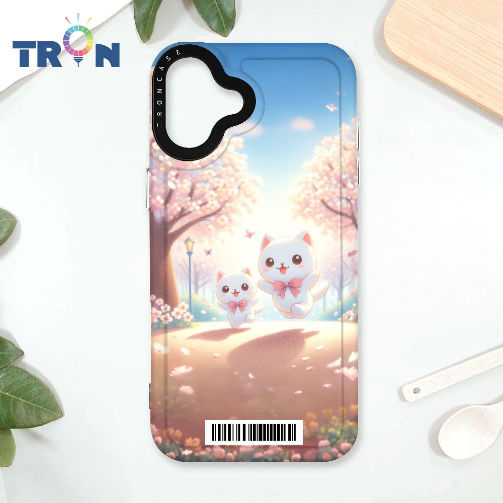 TRON IPhone 16 PLUS 櫻花插畫風格白貓咪 載具 太空殼 透黑款 手機殼