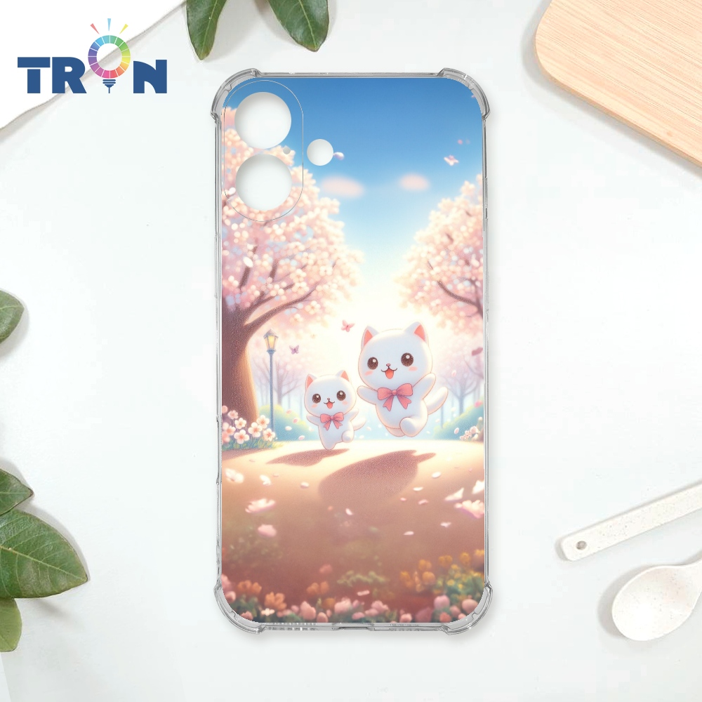 TRON IPhone 16 PLUS 櫻花插畫風格白貓咪 四角防摔殼 手機殼