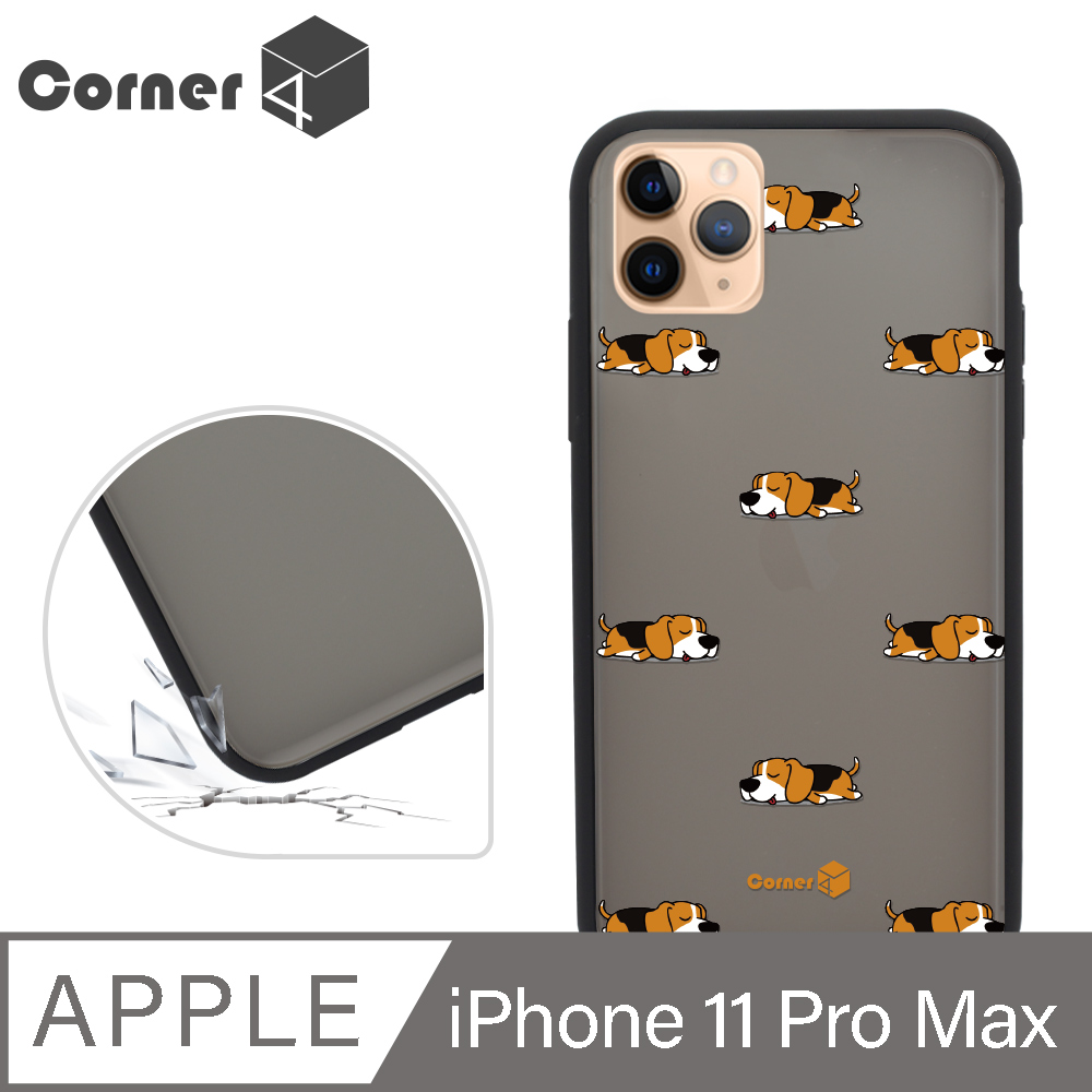Corner4 iPhone 11 Pro Max 6.5吋柔滑觸感軍規防摔手機殼-米格魯懶洋洋(黑殼)