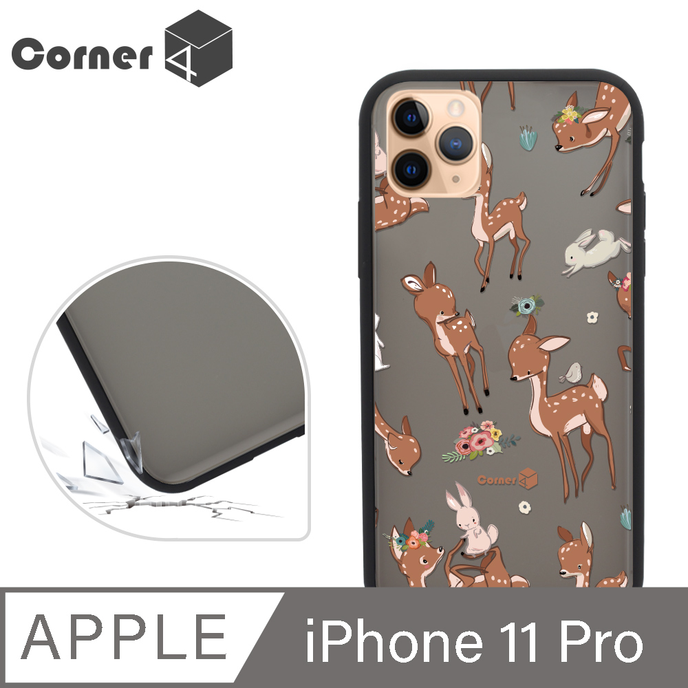 Corner4 iPhone 11 Pro 5.8吋柔滑觸感軍規防摔手機殼-小鹿(黑殼)