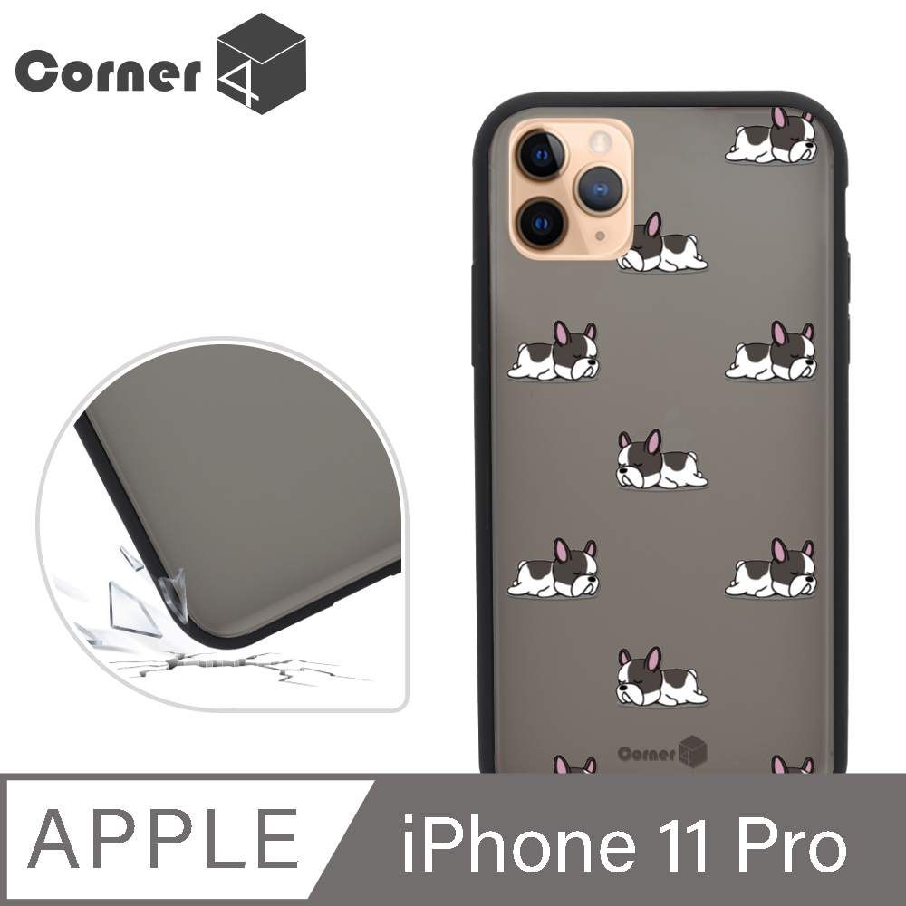 Corner4 iPhone 11 Pro 5.8吋柔滑觸感軍規防摔手機殼-法鬥懶洋洋(黑殼)