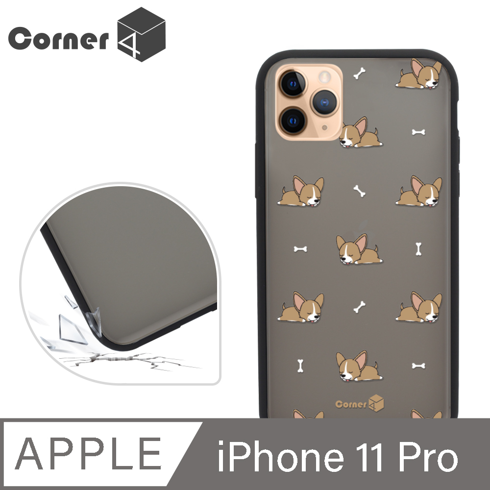 Corner4 iPhone 11 Pro 5.8吋柔滑觸感軍規防摔手機殼-柯基懶洋洋(黑殼)