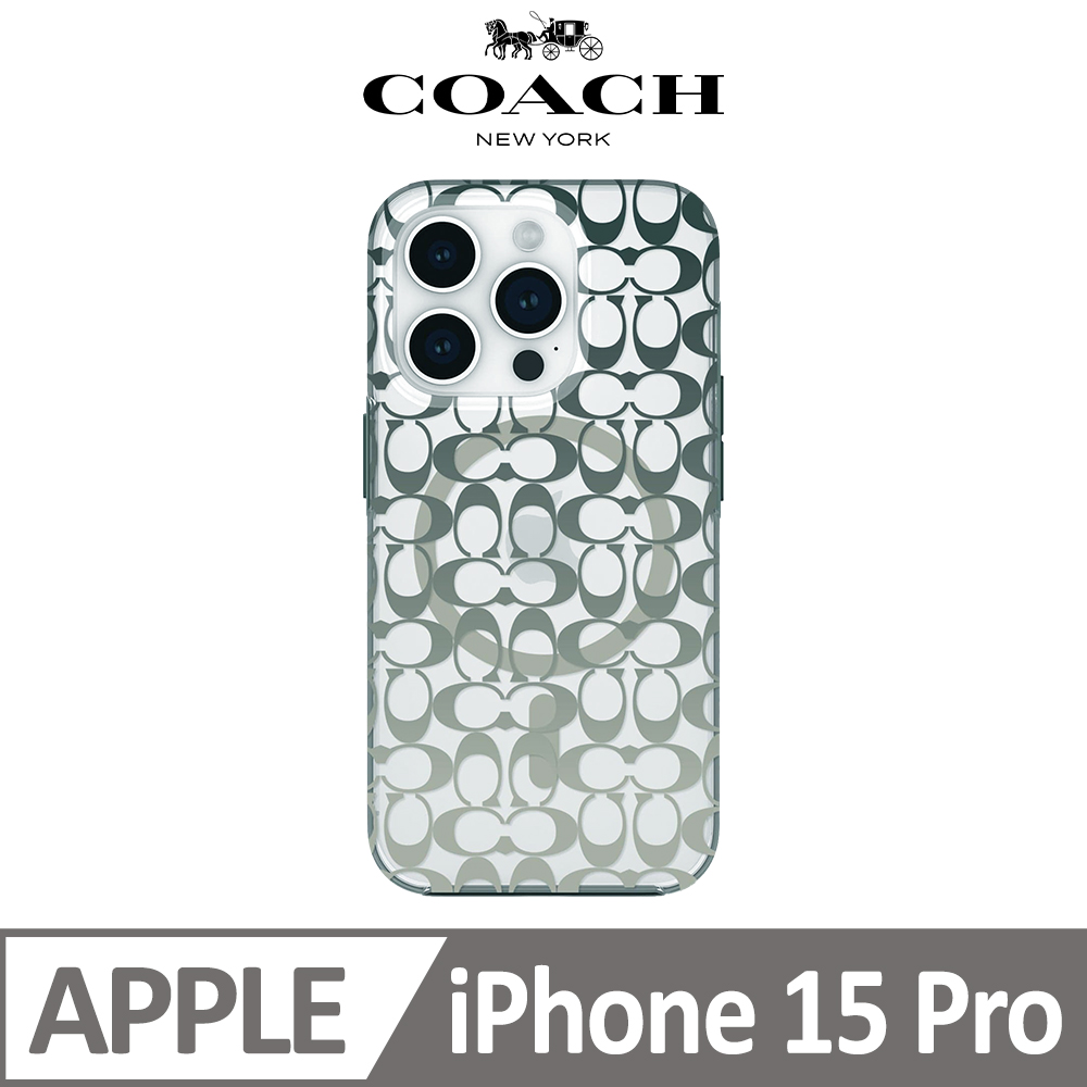 【COACH】iPhone 15 Pro MagSafe 手機殼 軍綠經典大C